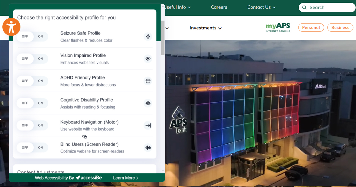 New accessibility functions on APS Bank’s website